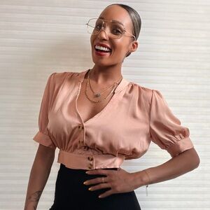 Free People Satin Puff Sleeve Cropped Blouse